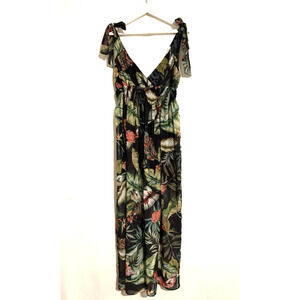 Markup Maxi Dress Large Bohemian Green Palms Boho Beach Vneck